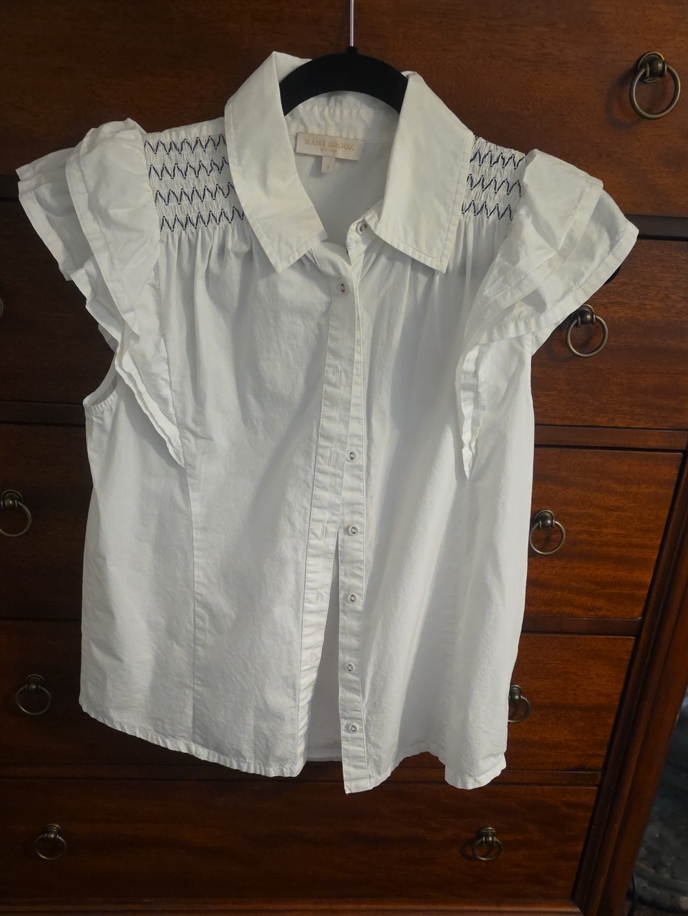 Ramy Brook White Sleeveless Button-Down Top with Navy Smocking